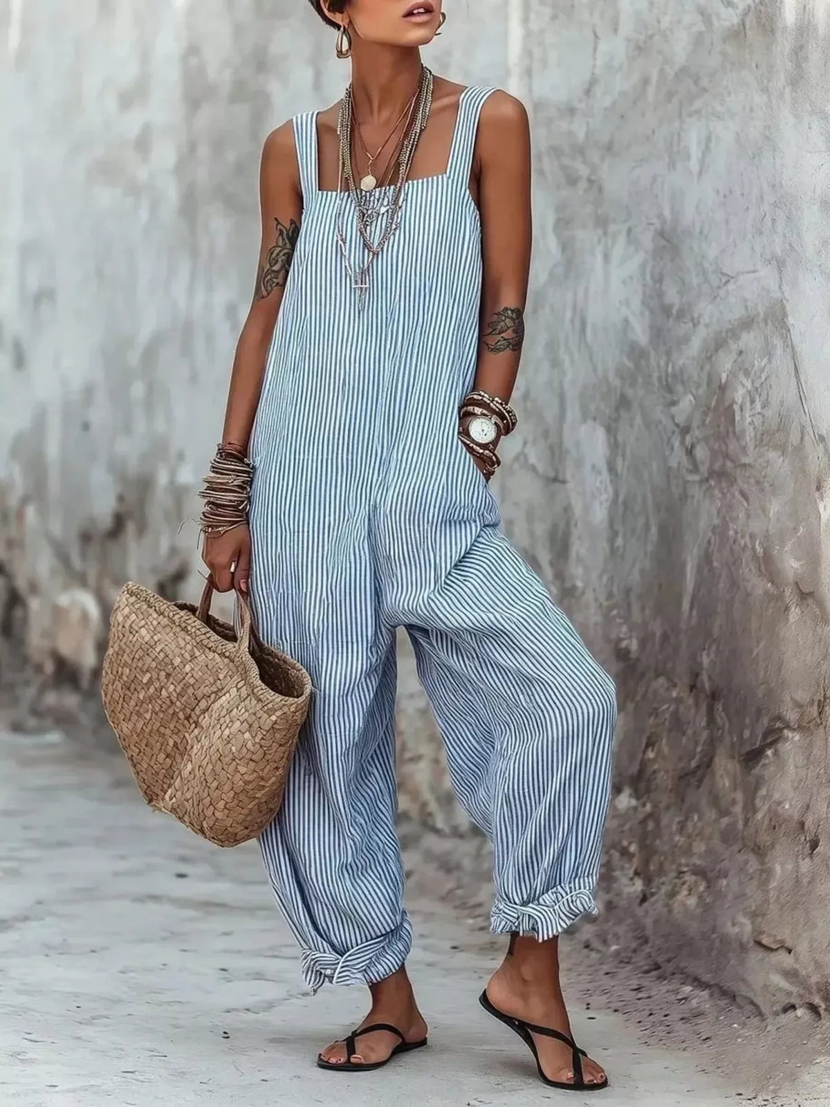 Full Size Striped Wide-Leg Jumpsuit Plus Size