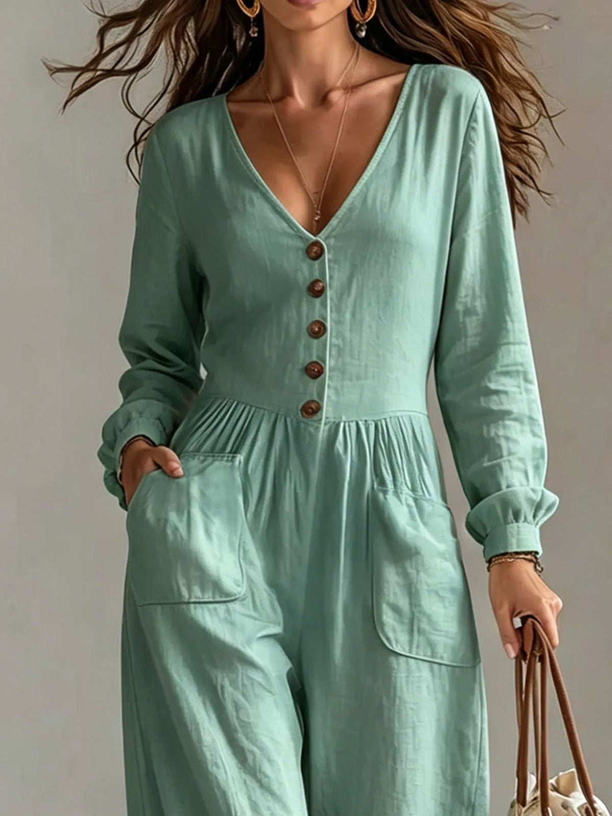 V-Neck Long Sleeve Button-Down Wide Leg Jumpsuit