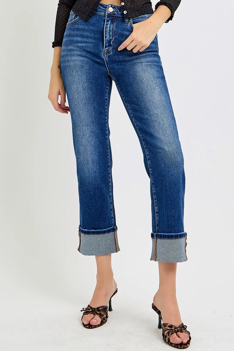 RISEN Full Size High Rise Ankle Straight Cuffed Jeans Plus Size - Ladyez