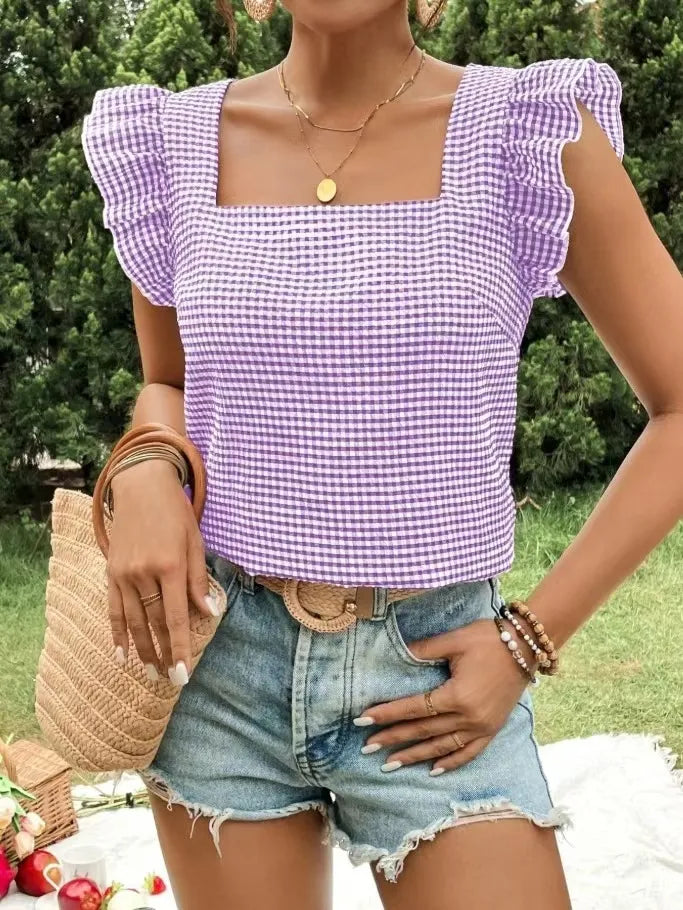Ruffle Sleeve Gingham Square Neck Top - Ladyez