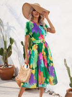 Pleated Tropical Print Belted Midi Dress
