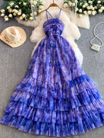 Floral Print Ruffled Layered Mesh Dress