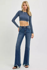 RISEN Full Size Mid Rise Flare Frayed Hem Jeans Plus Size