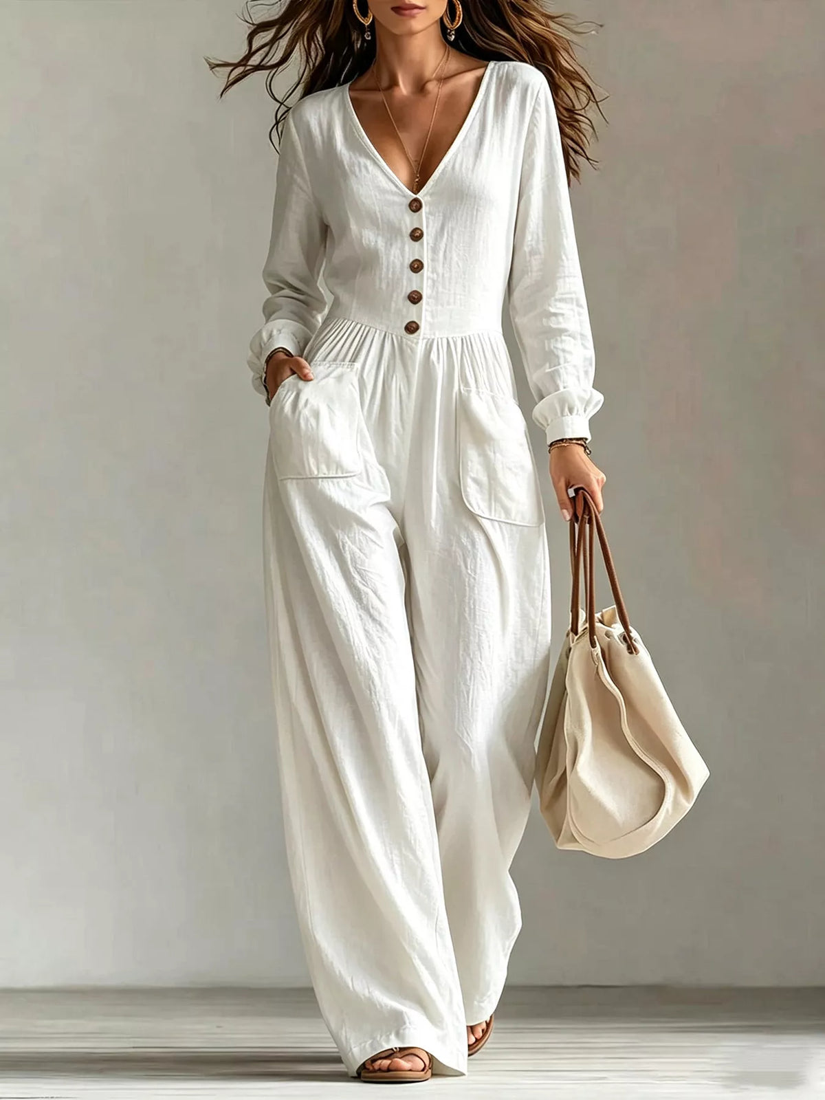 V-Neck Long Sleeve Button-Down Wide Leg Jumpsuit