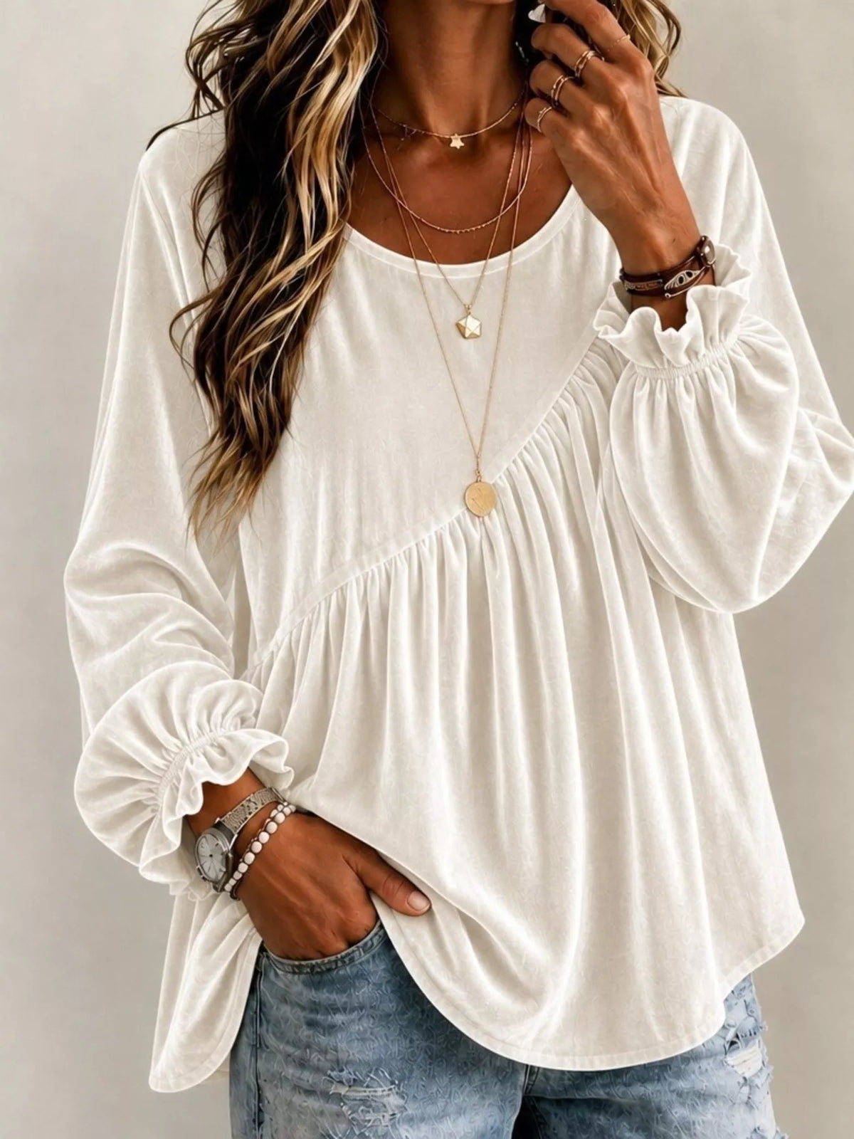 Full Size Velvet Round Neck Long Sleeve Blouse Plus Size