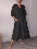 Full Size V-Neck Loose Fit Midi Dress with Pockets Plus Size