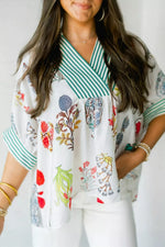 Floral Print Striped Contrast Trim V Neck Half Sleeve Blouse