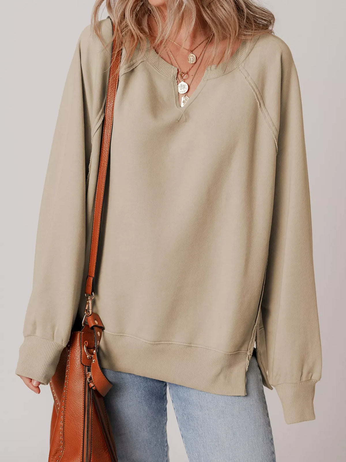 Raw Edge Exposed Seam Raglan Sleeve Side Slit Sweatshirt