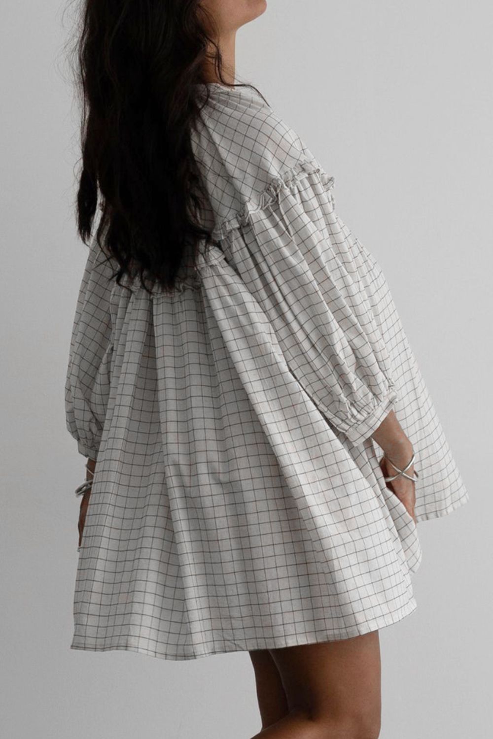 Frill Plaid Notched Balloon Sleeve Mini Dress - Ladyez