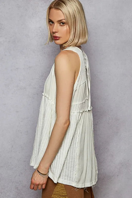 POL Lace Trim Round Neck Tank with Pintuck Detail - Ladyez