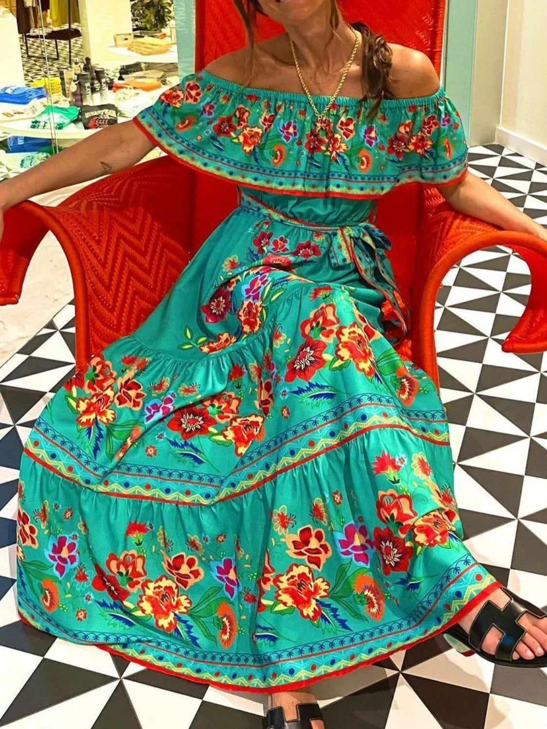 Floral Off Shoulder Ruffle Maxi Dress - Ladyez