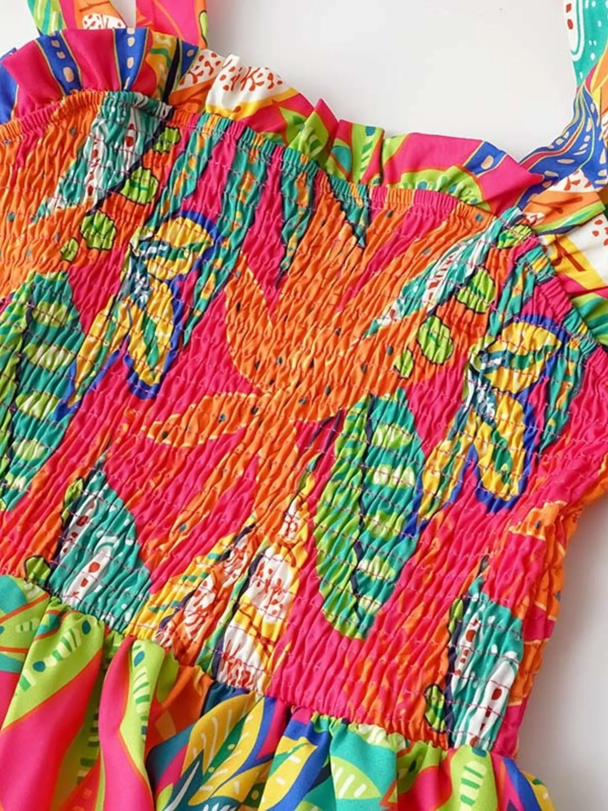 Tropical Print Smocked Tie-Strap Dress