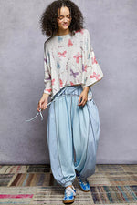 POL Butterflies Pattern Round Neck knit Top with Outseam Rolling Edge