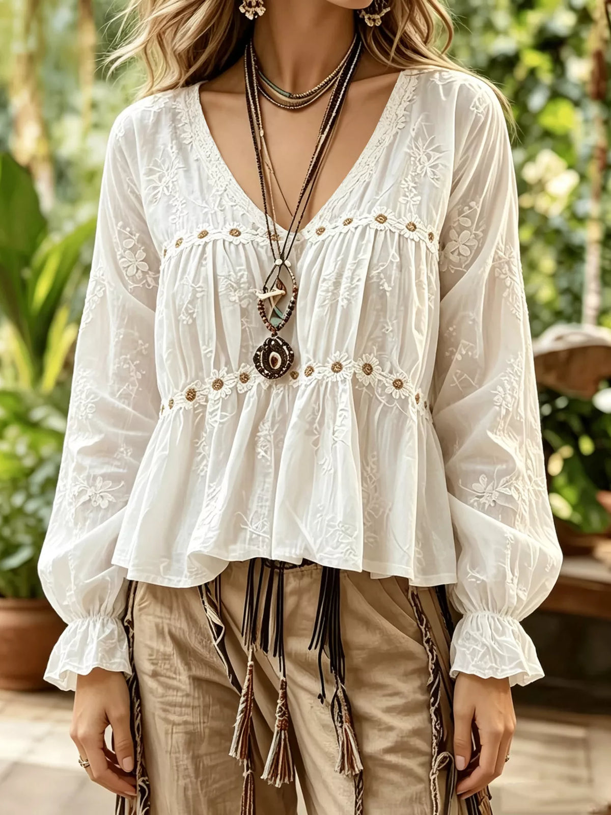 Floral V-Neck Flounce Sleeve Peplum Blouse