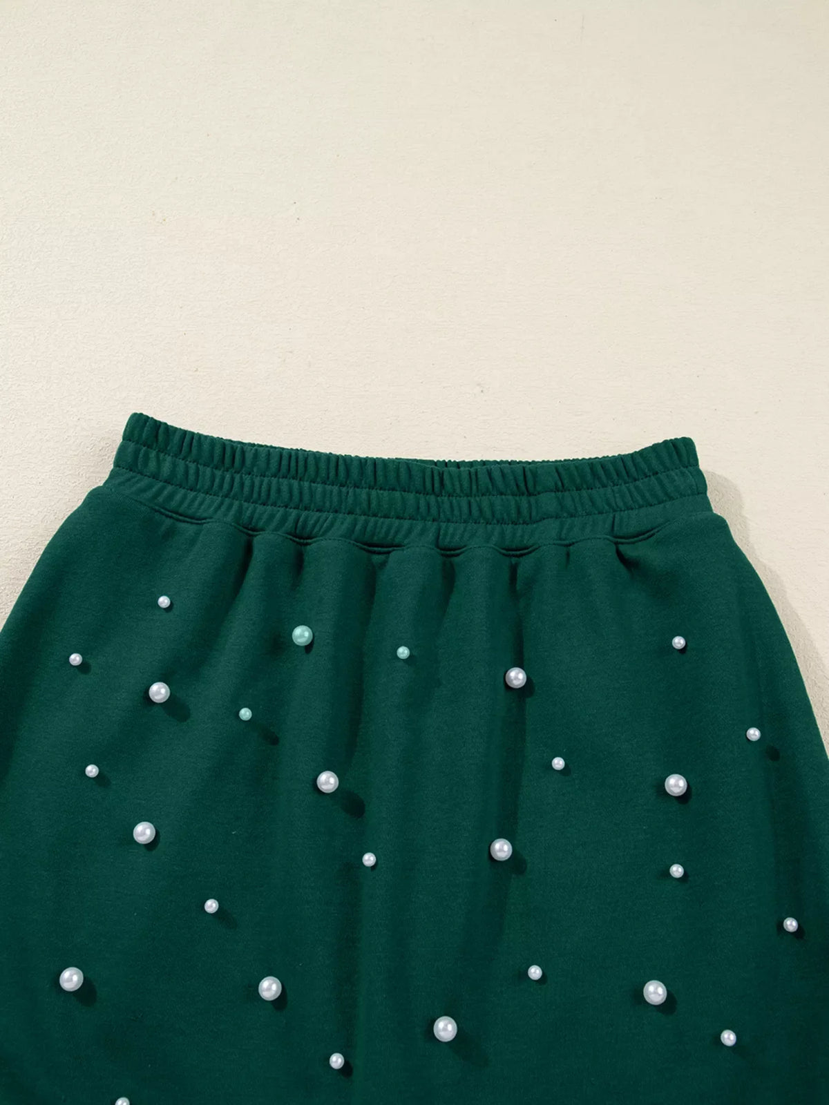 Pearl Embellished Drop Shoulder Pullover Elastic Waist Mini Skirt Set