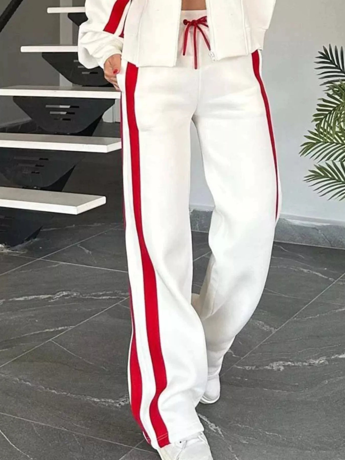 Full Size Striped Zip Up Outerwear and Pants Set Plus Size