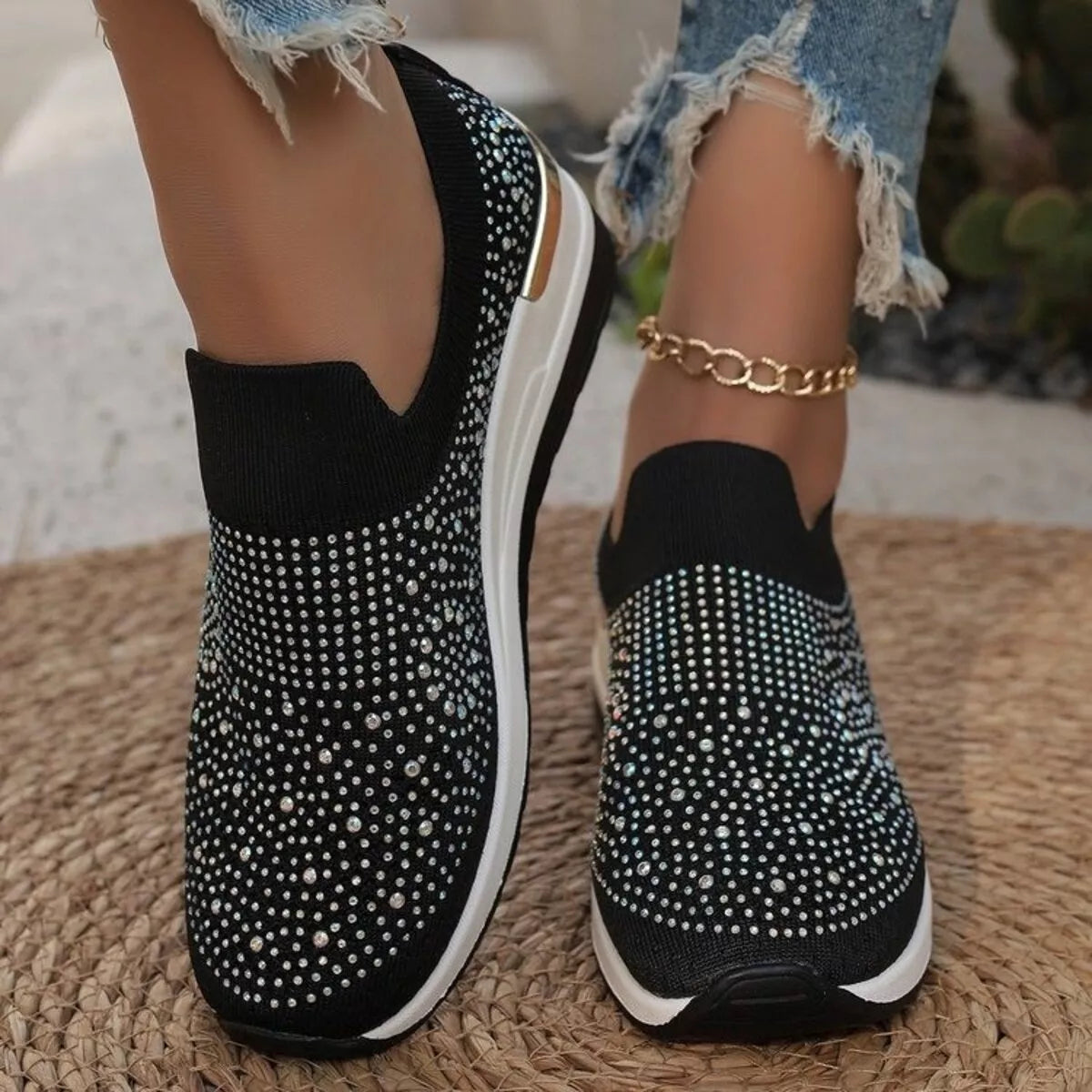 Rhinestone Round Toe Slip-Ons