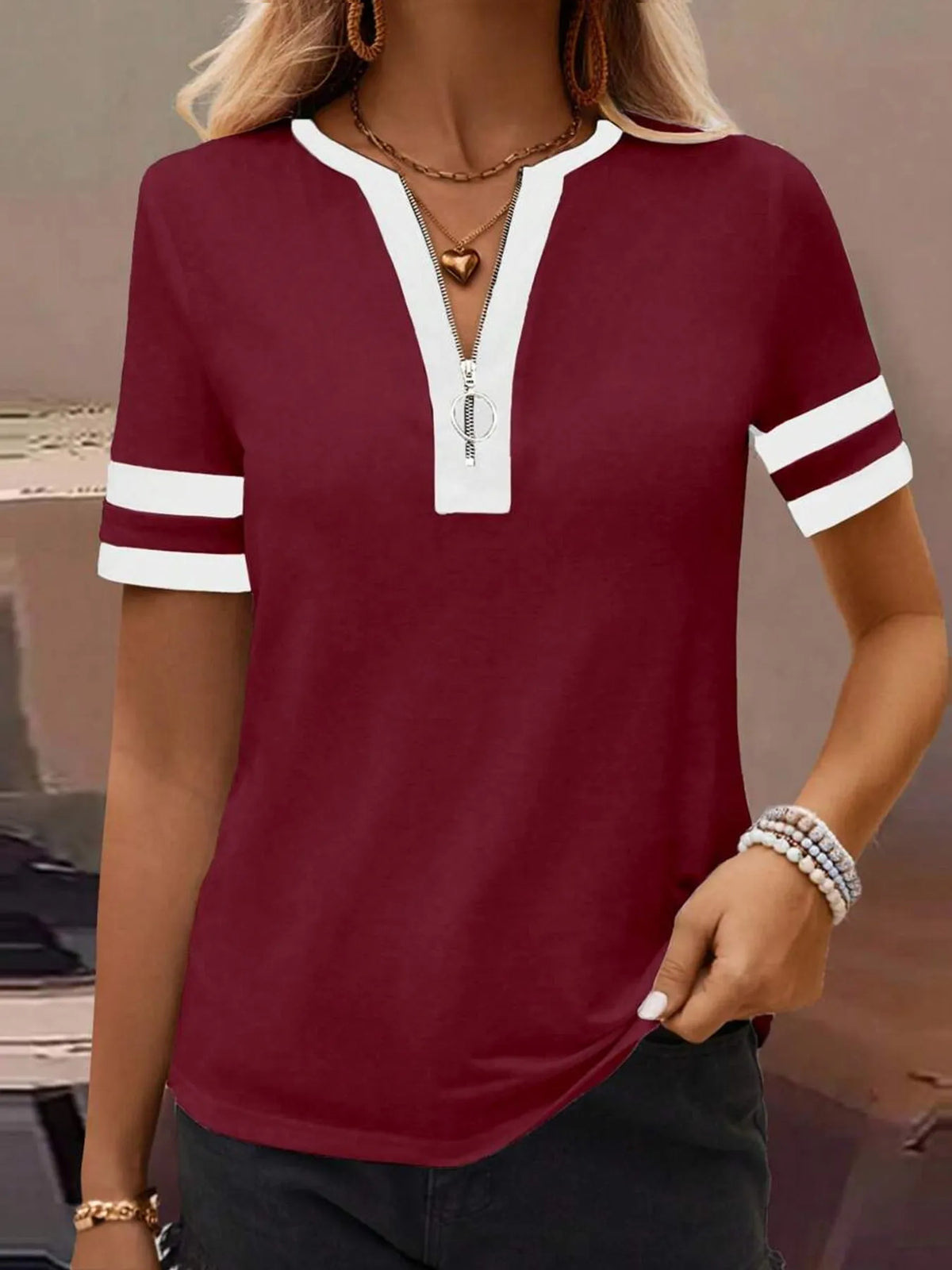 Striped Short Sleeve Half Zip Top - Ladyez