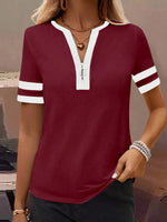 Striped Short Sleeve Half Zip Top - Ladyez