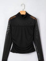 Sheer Mesh Patchwork High Neck Long Sleeve Top