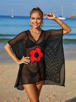 Angel Wings Openwork Flower V-Neck Short Sleeve Cover Up - Ladyez