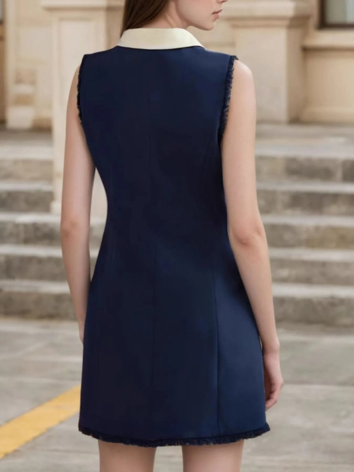 Contrast Collar Button-Front Sleeveless Mini Dress - Ladyez