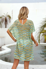 Angel Wings Openwork Contrast Short Sleeve Cover-Up - Ladyez