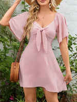 Smocked Back Knotted Flutter Sleeve Dress - Ladyez