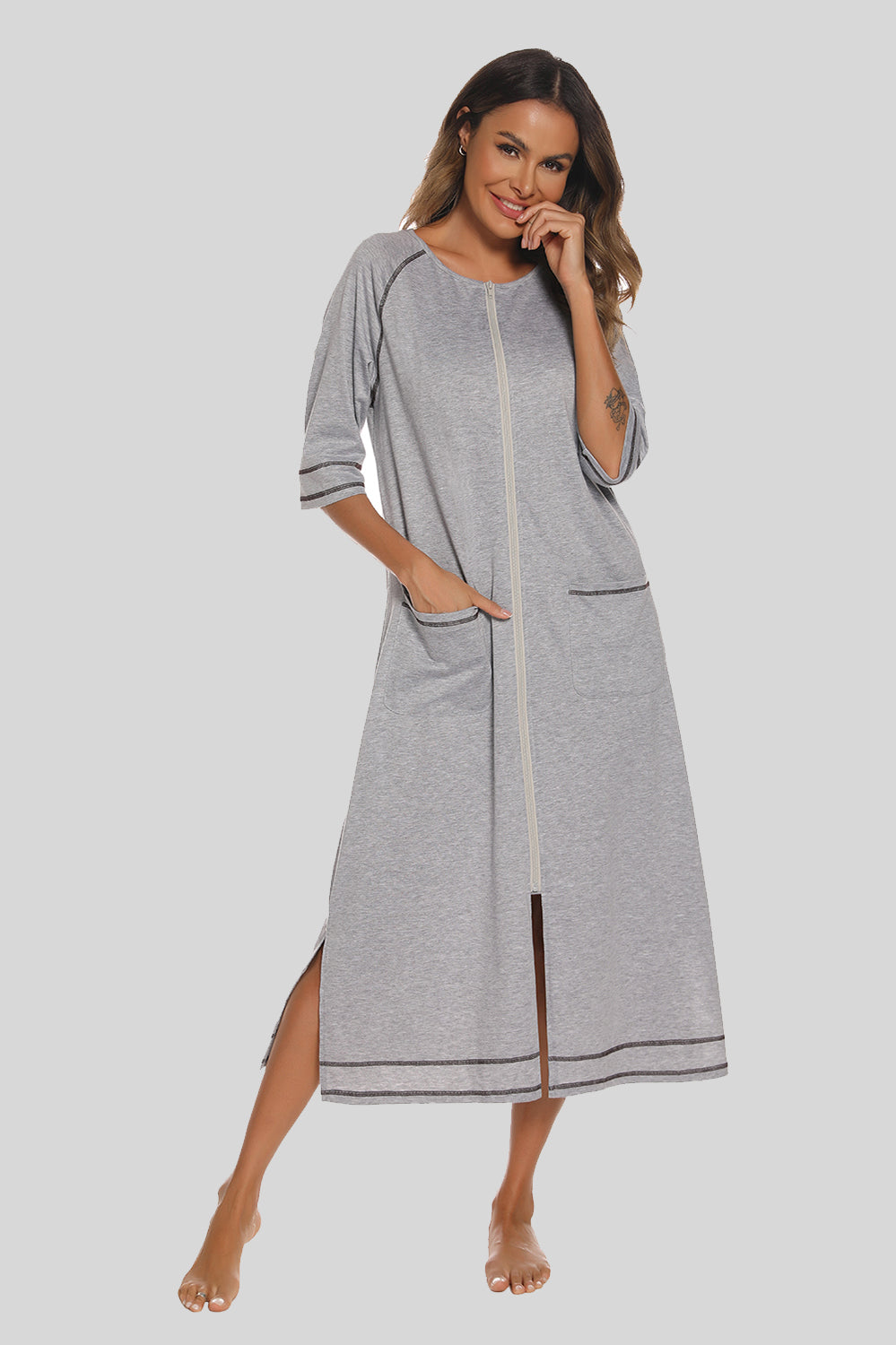 Zip Up Slit Round Neck Night Dress with Pockets - Ladyez