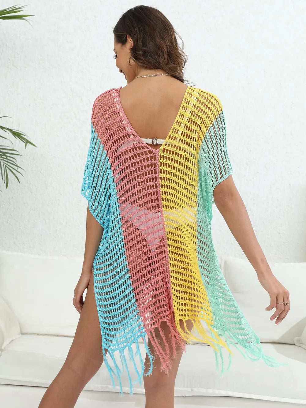Fringe Color Block Scoop Neck Cover Up - Ladyez