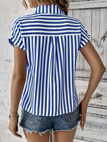 Striped Button-Up Short Sleeve Shirt with Pocket - Ladyez