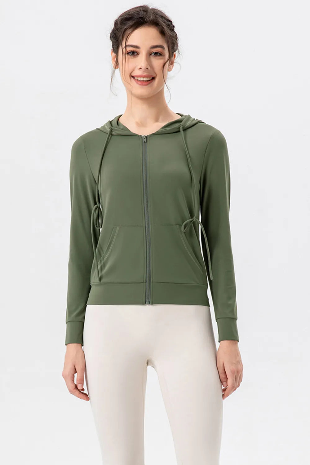 Drawstring Zip Up Hooded Active Outerwear - Ladyez
