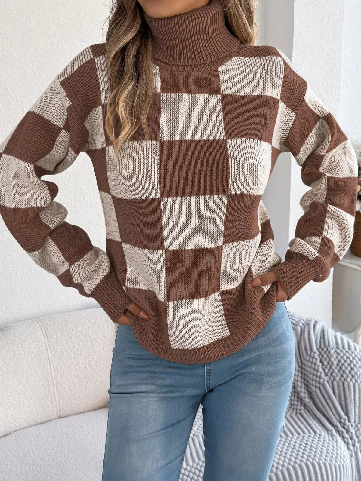 Checkered Turtleneck Long Sleeve Sweater