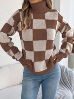 Checkered Turtleneck Long Sleeve Sweater