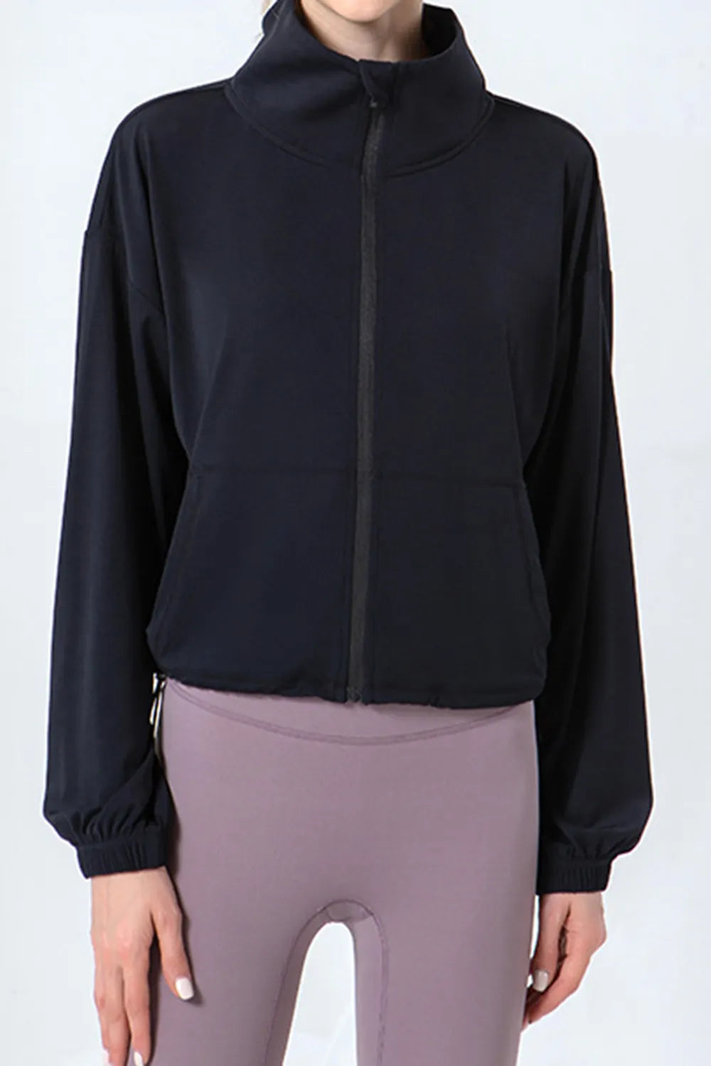 Drawstring Zip Up Dropped Shoulder Active Outerwear - Ladyez