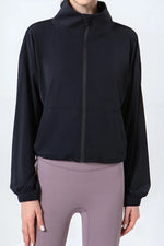 Drawstring Zip Up Dropped Shoulder Active Outerwear - Ladyez