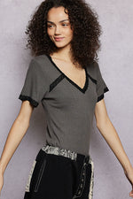 POL Lace Detail V-Neck Short Sleeve Textured T-Shirt
