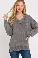 Zenana Washed Deep V-neck Oversized Sweater