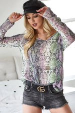 BiBi Snakeskin Print Low Gauge Hacci V Neck Top