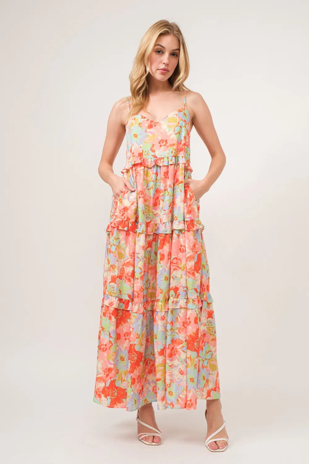 And The Why Floral Ruffled Tiered Maxi Adjustable Strap Cami Dress - Ladyez
