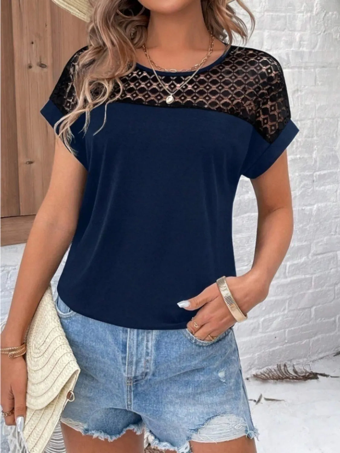 Lace Round Neck Short Sleeve T-Shirt - Ladyez