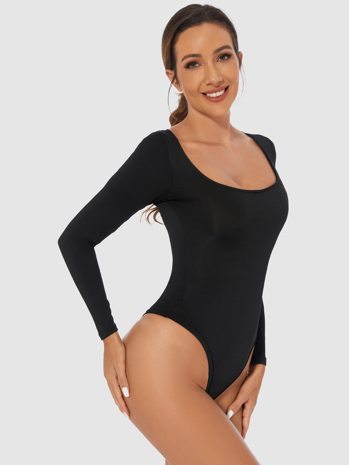 Full Size Scoop Neck Long Sleeve Bodysuit - Ladyez