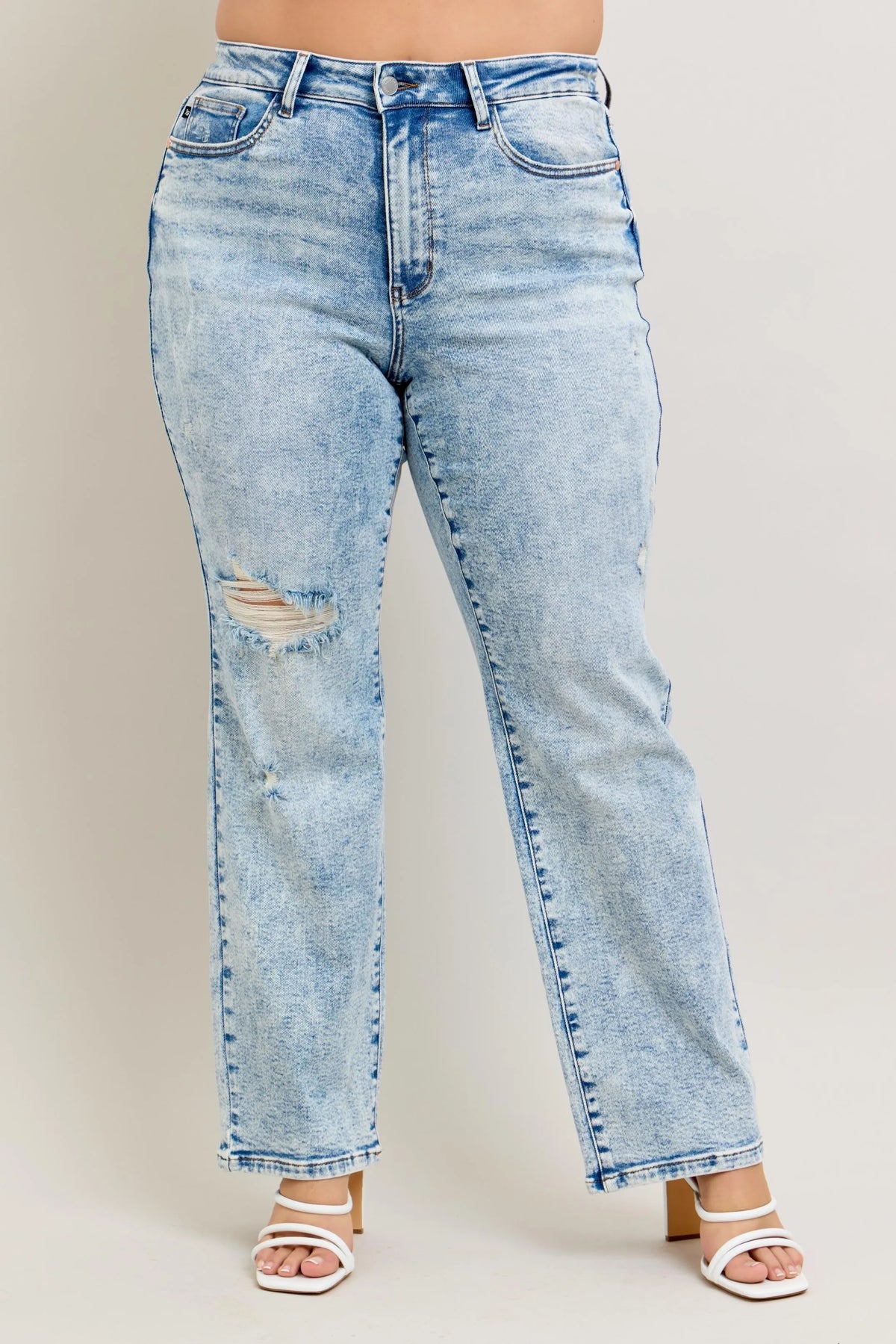 Judy Blue Full Size Hw Mineral Wash Destroy 90's Straight Jeans Plus Size - Ladyez