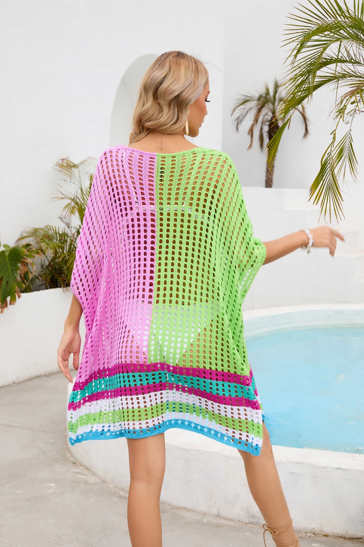 Contrast Scoop Neck Openwork Half Sleeve Cover Up - Ladyez