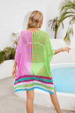 Contrast Scoop Neck Openwork Half Sleeve Cover Up - Ladyez