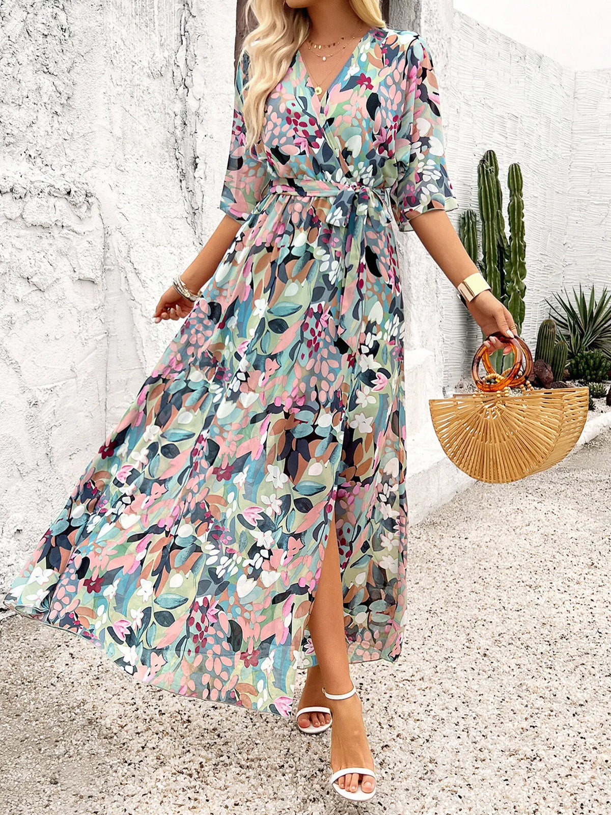 Slit Printed Surplice Half Sleeve Maxi Dress - Ladyez