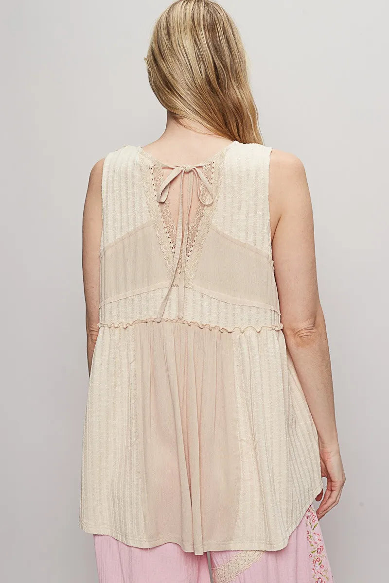 POL Lace Trim Two-Tone Tank with Pintuck Detail - Ladyez