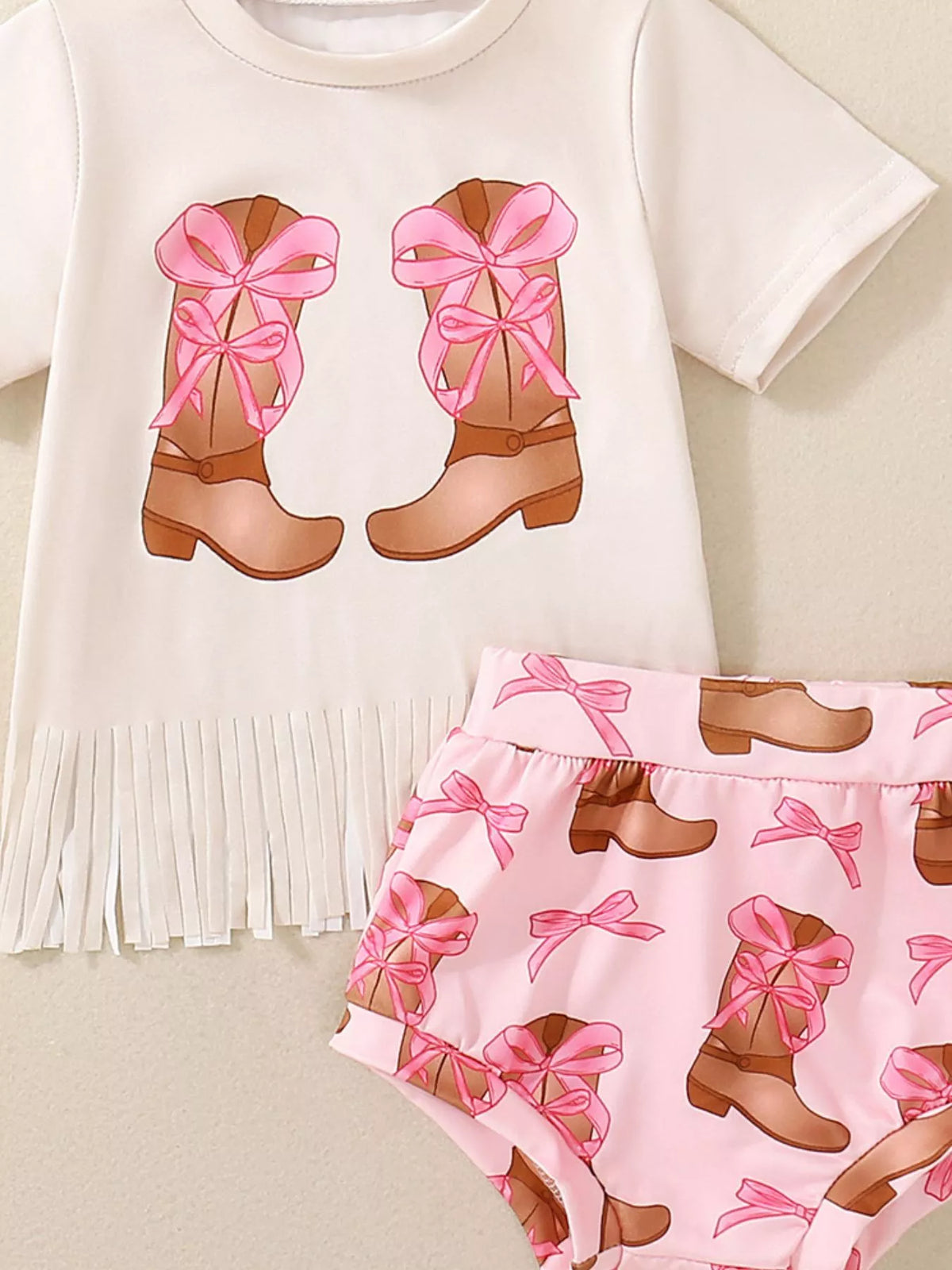 Children's Cow Floral Graphic Fringe Tee and Shorts Set with Headband