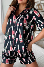 Champagne Print Short Sleeve Top and Shorts Set - Ladyez