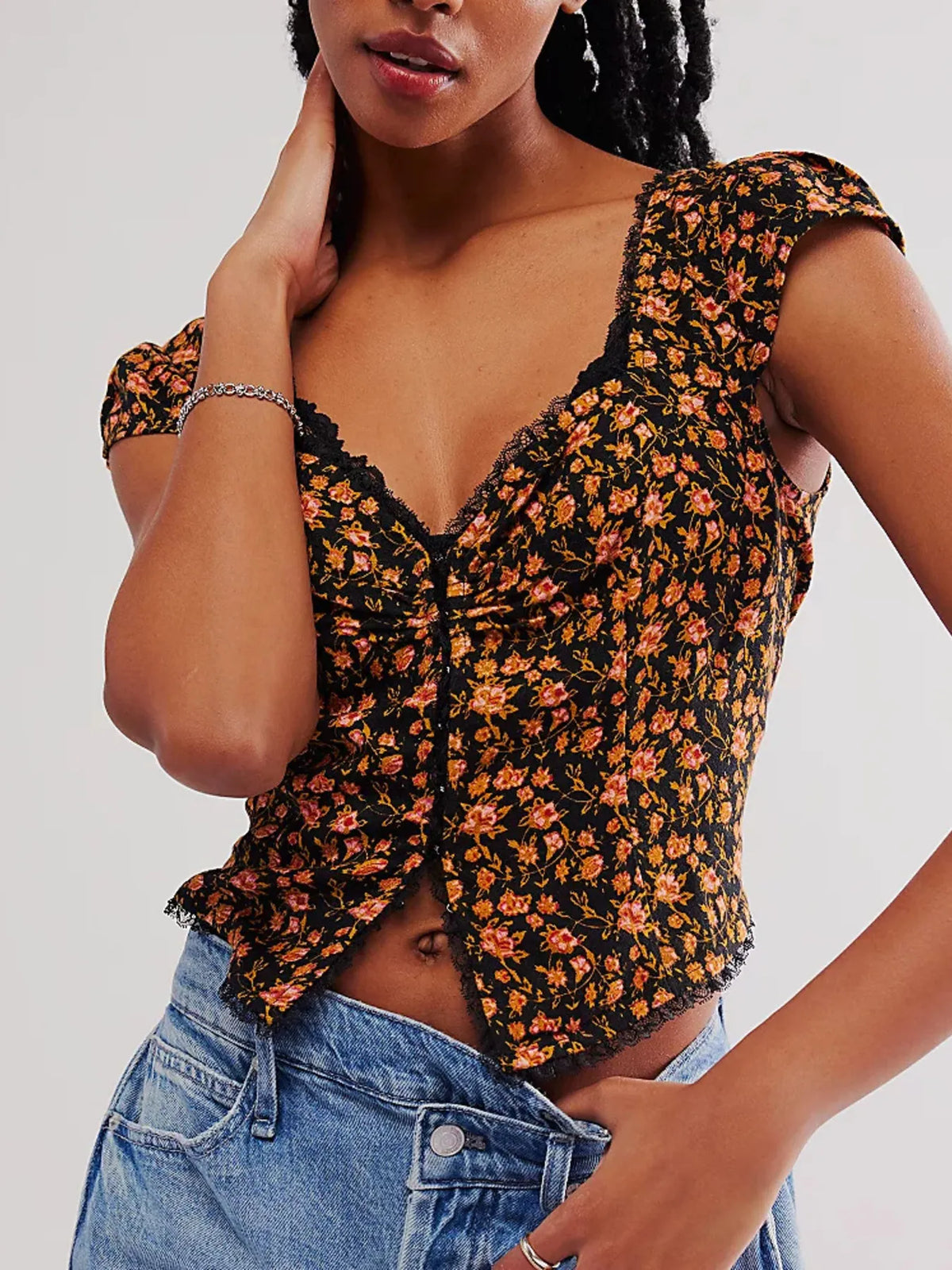 Floral Print Cap Sleeve Cropped Top